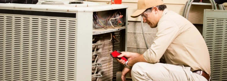 HVAC technician inspecting and repairing an outdoor air conditioning unit.