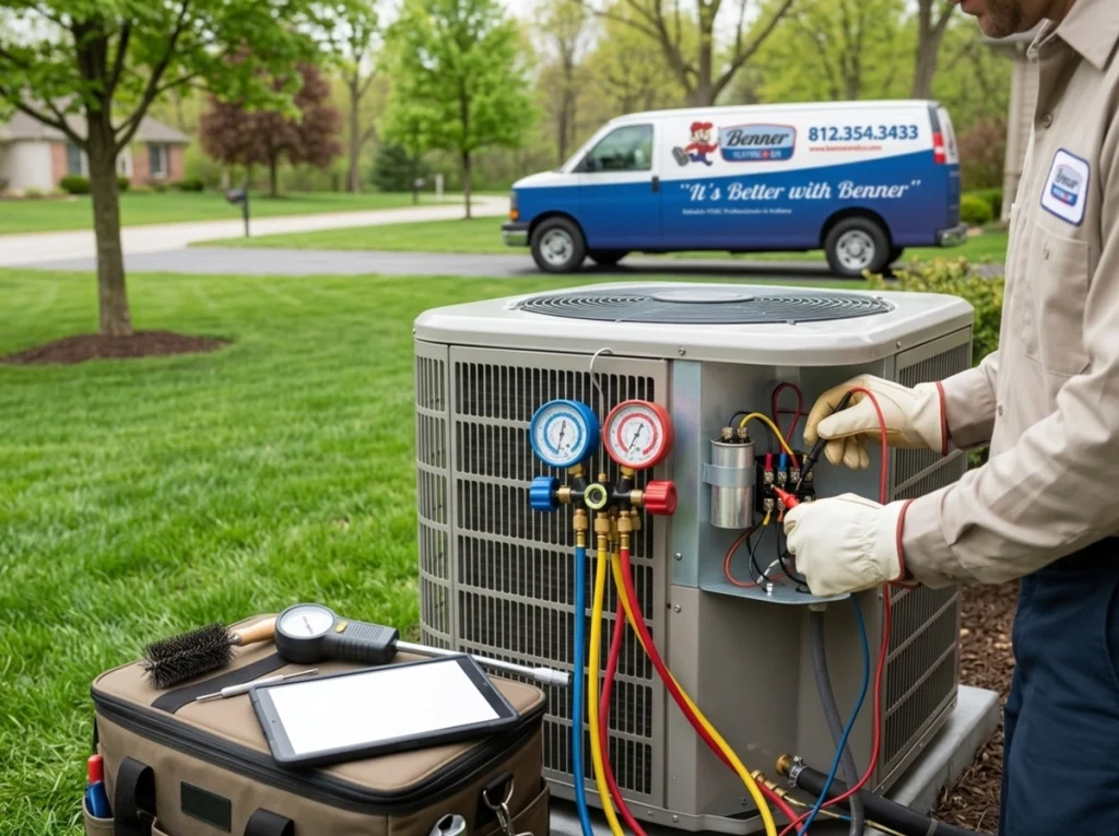 HVAC technician performing preventive AC maintenance before Indiana summer