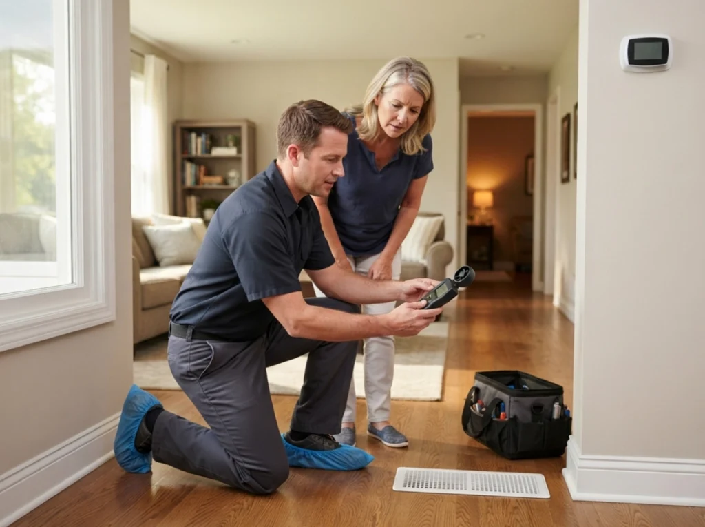 HVAC technician checking weak airflow and warm air from vents
