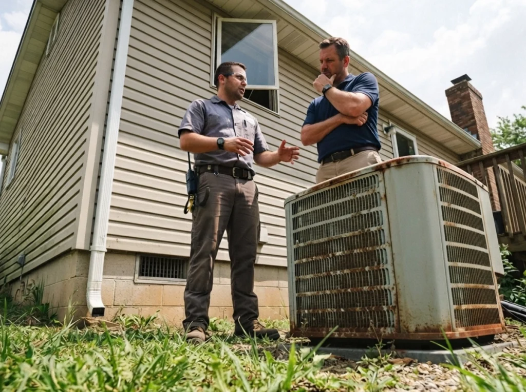 An HVAC technician and a homeowner discussing an AC unit replacement